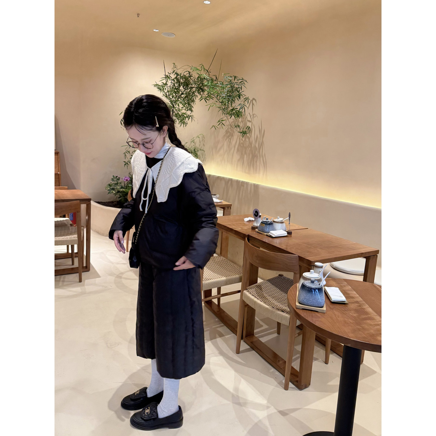 百搭黑色面包款羽绒服羽绒裤套装