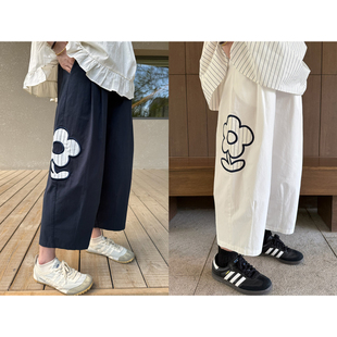 猴子家原创~百搭宽松显瘦贴布小花花立体剪裁松紧腰休闲裤哈伦裤