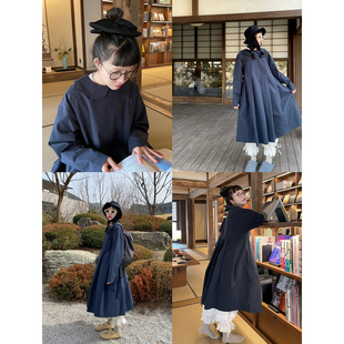 猴子家自制~春夏新款法式复古高腰显瘦深蓝色A字裙连衣裙娃娃裙