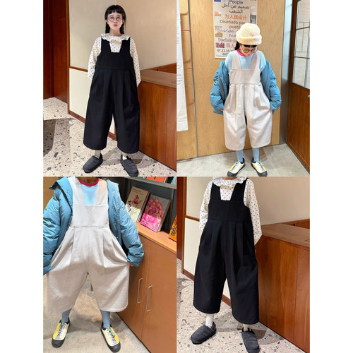 背心式侧拉链八分裤宽松背带裤