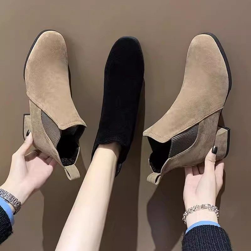 韩文印字新款女鞋磨砂面短筒靴子圆头中方跟侧拉链机车皮靴黑灰色