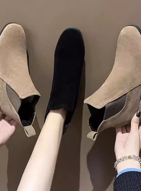 韩文印字新款女鞋磨砂面短筒靴子圆头中方跟侧拉链机车皮靴黑灰色