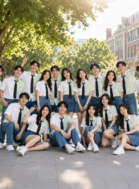 同学会团服定制 毕业照学院风短袖衬衫 周年聚会班服男女生条纹
