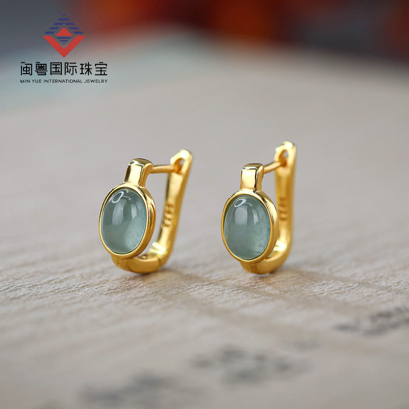 925纯银天然A级蓝水翡翠蛋面耳环女新中式耳饰轻奢高级感饰品HY