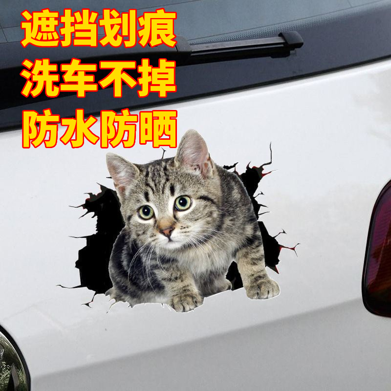 车贴纸创意个性3D立体小猫车贴可爱卡通猫咪搞笑车身划痕遮挡贴