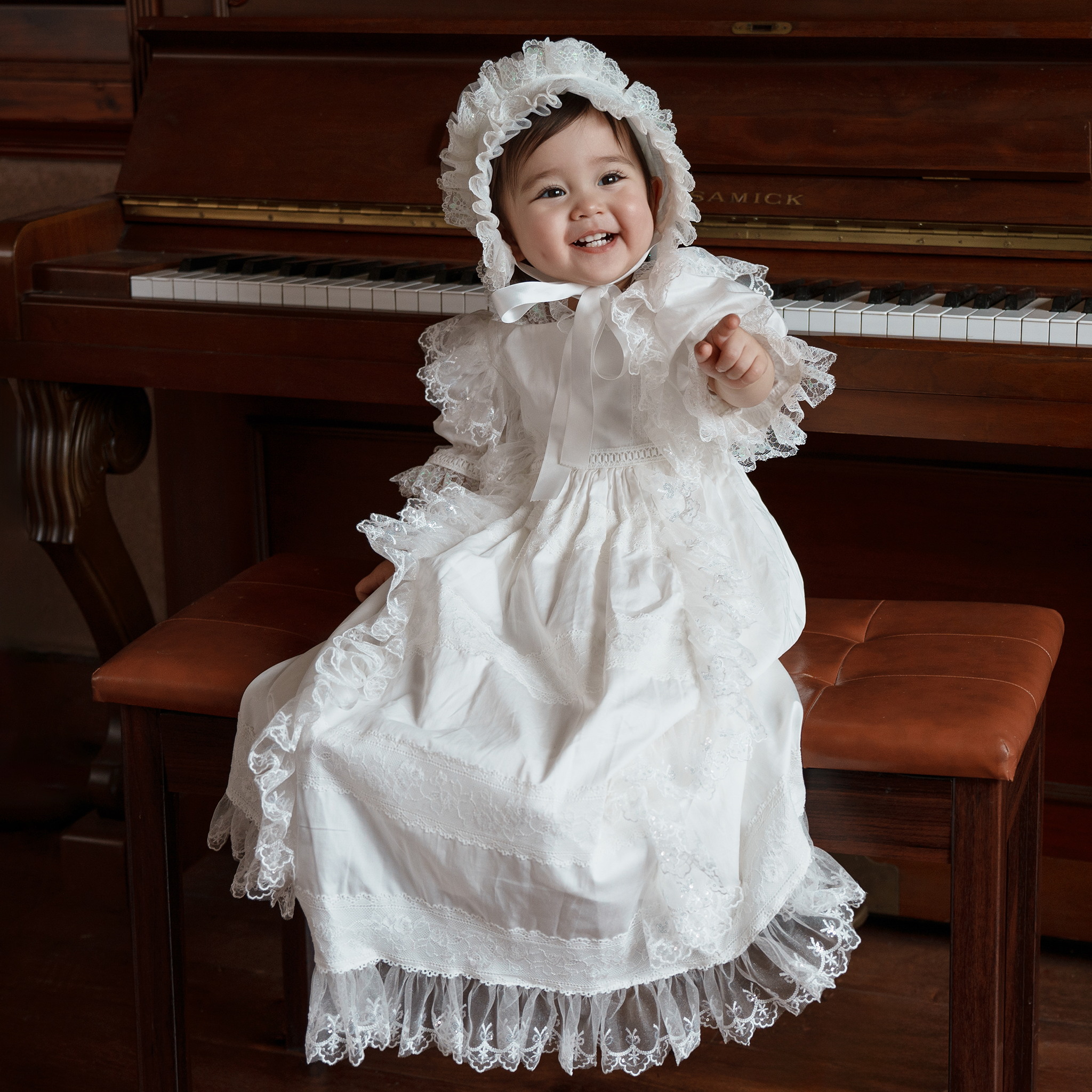 Hanakimi麒美英国蕾丝新生儿婴儿公主油画超大摆蓬蓬纱裙礼服宝宝