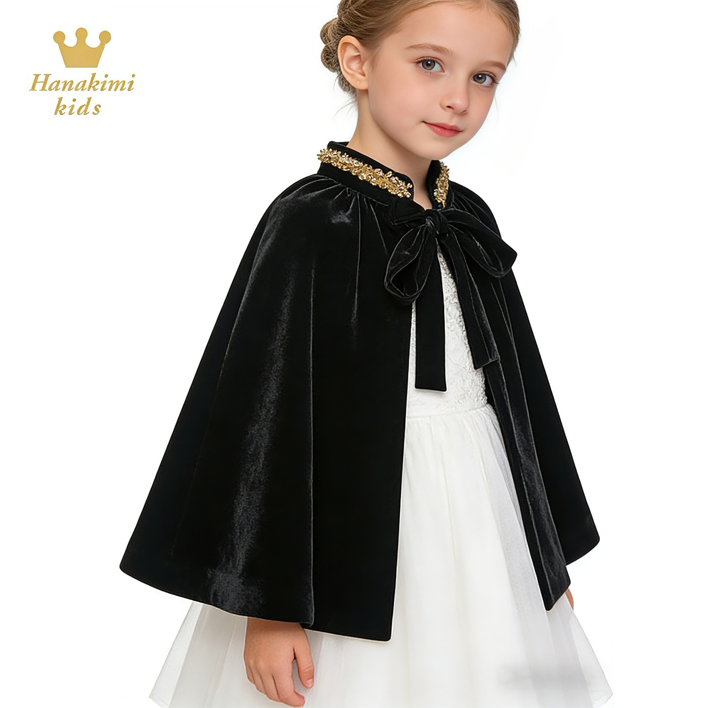 Hanakimi英国公主礼服配饰丝绒女童斗篷罩衫黑色宝宝儿童披肩