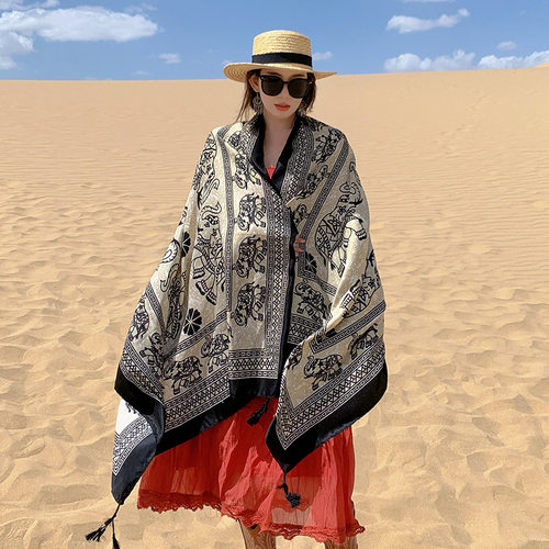 黑色大象防晒披肩女夏薄款外出旅游围巾沙漠丝巾民族风纱巾海边