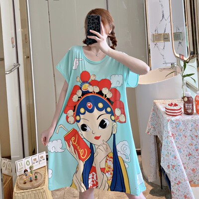 春夏秋甜美卡通宽松大码短袖睡裙