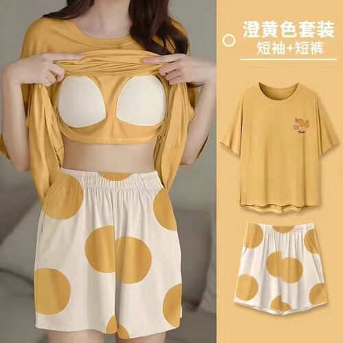带胸垫夏季短袖睡衣女两件套睡衣圆领套头印花家居服可外穿
