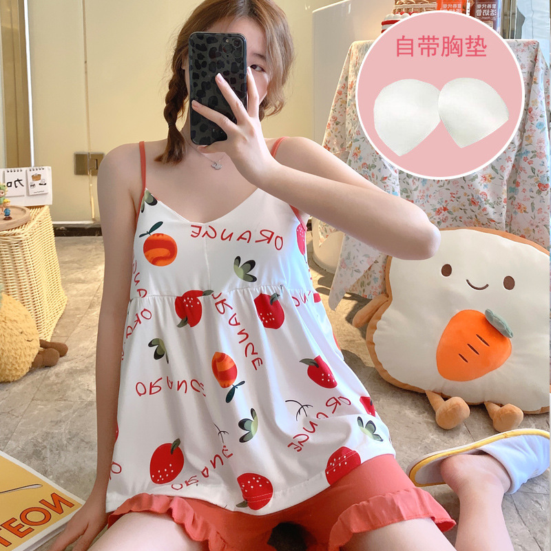 带胸垫吊带短裤睡衣套装女夏季性感甜美可爱舒适薄款凉爽家居服装