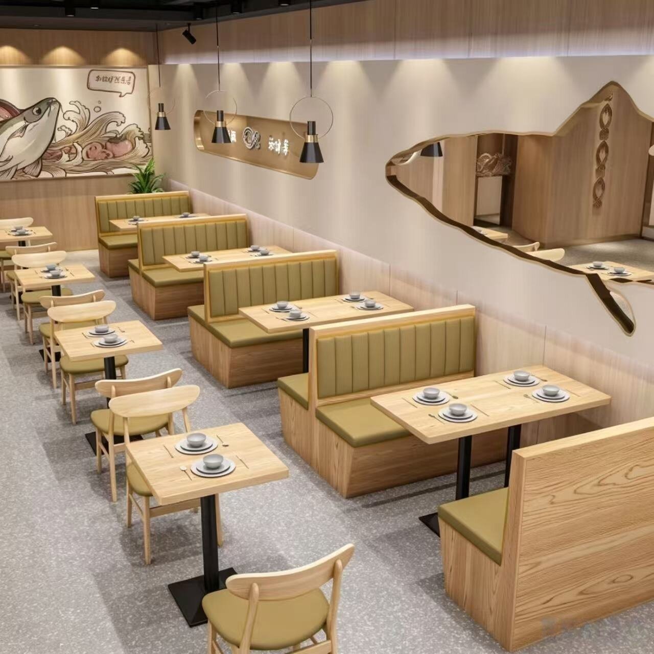 商用实木餐桌椅组合快餐店商用餐厅卡座沙发小吃店麻辣烫实木凳子图片