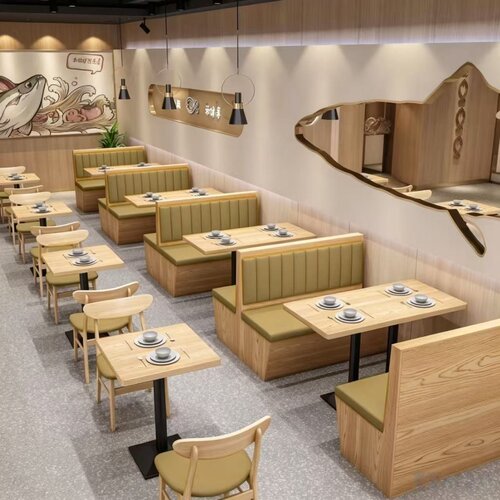 商用实木餐桌椅组合快餐店商用餐厅卡座沙发小吃店麻辣烫实木凳子