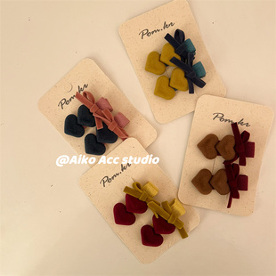 AIKO 复古丝绒蝴蝶结爱心侧边夹鸭嘴夹碎发夹 ACC韩国儿童新款