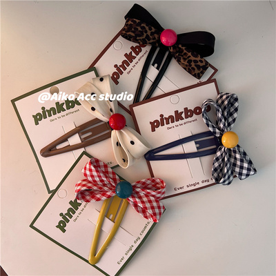 AIKO ACC韩国新款大号豆豆蝴蝶结多巴胺撞色格子掰掰夹压夹刘海夹
