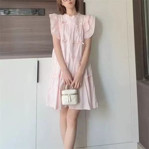 清仓 2件优惠 飞袖小清新蝴蝶结学生学院少女甜美宽松透气连衣裙
