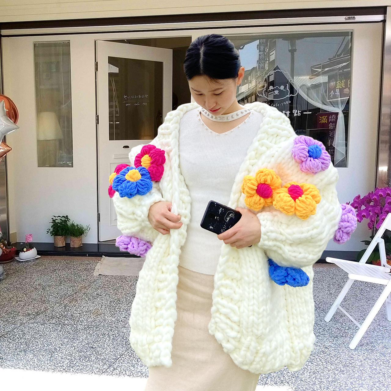 ins超粗毛线毛衣立体花朵材料包