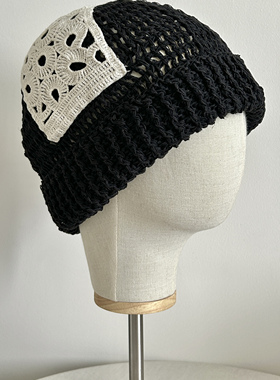 Seem冒似「绯月」手工钩针镂空针织帽亚麻冷帽包头帽贴布帽子翻边