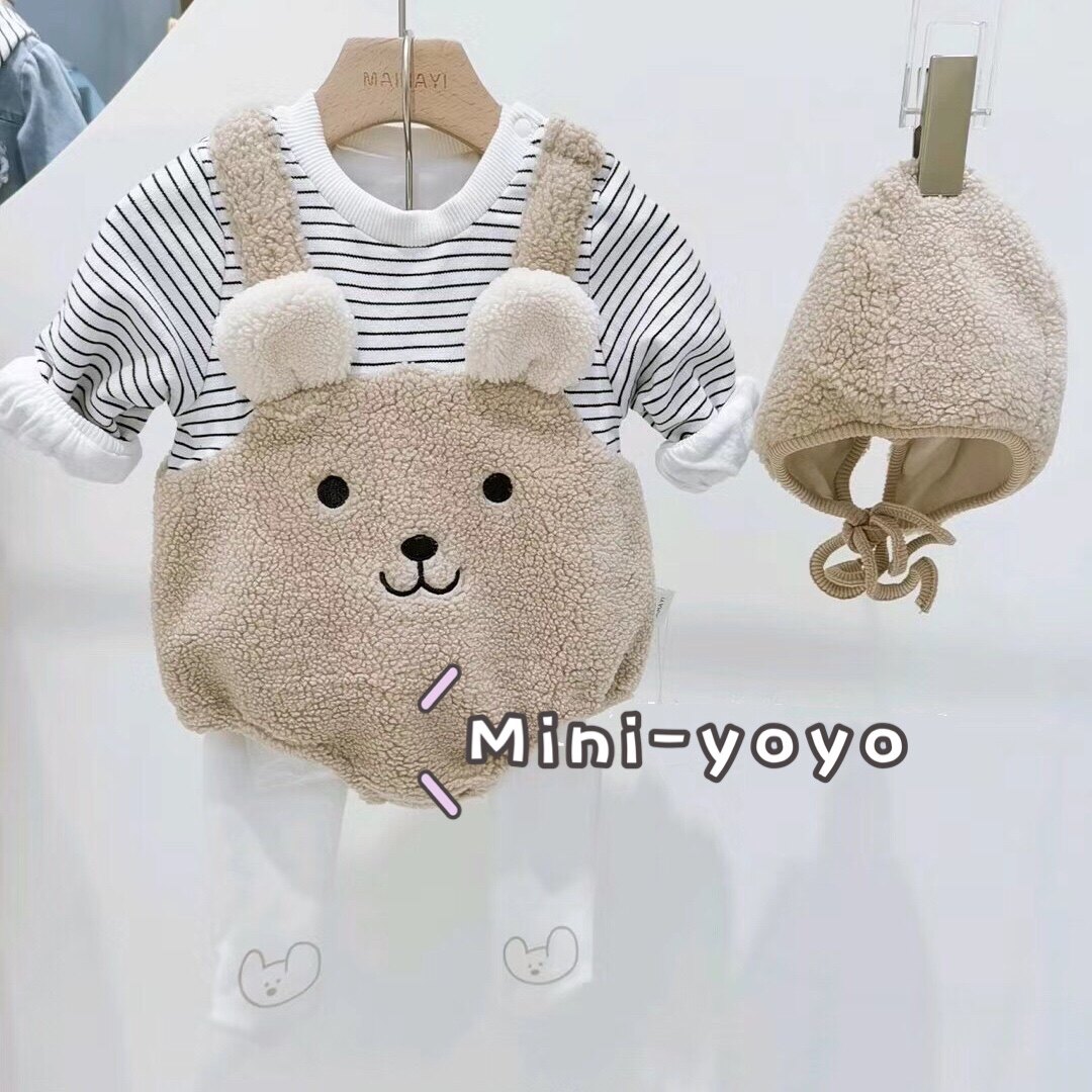 韩国秋冬带帽连体衣卡通毛毛衣宝宝假两件可爱小熊哈衣裤袜潮套装