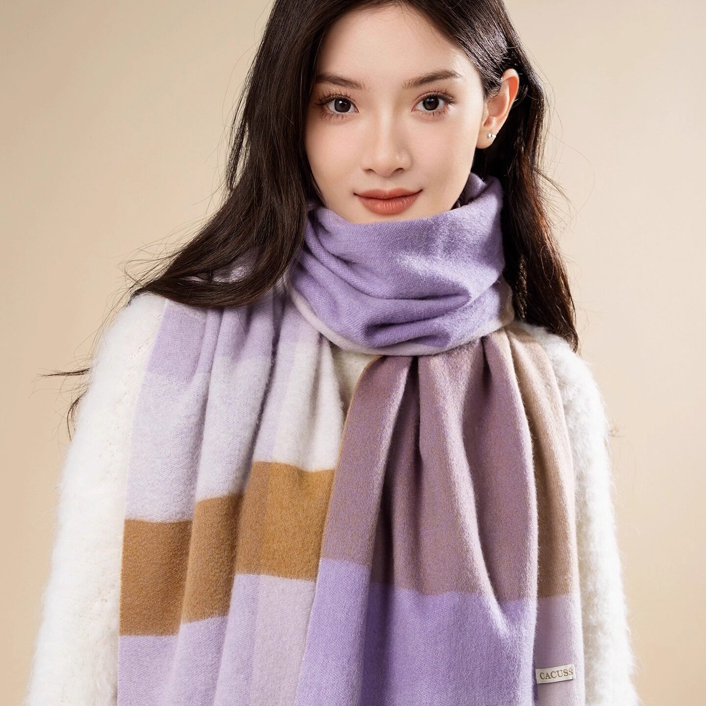 CACUSS羊毛围巾女冬季气质格纹流苏保暖围脖时尚优雅护颈羊绒披肩