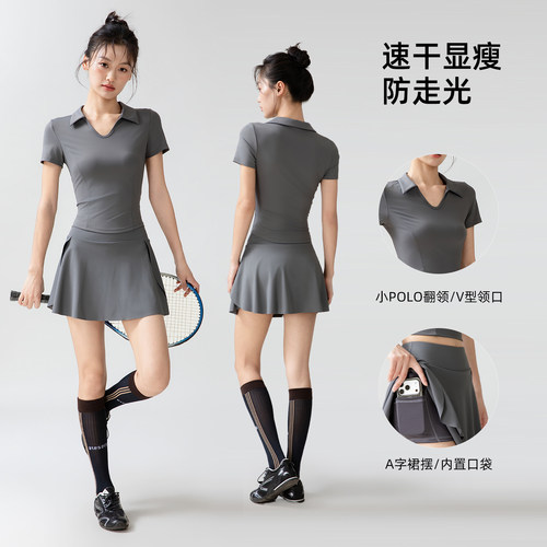 polo衫羽毛球服女网球运动短裙速干透气跑步健身上衣冰丝瑜伽短袖