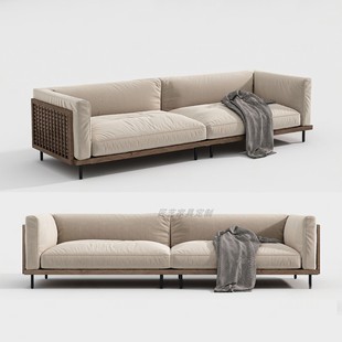 宋式美学中式实木沙发侘寂风三人直排民宿会所售楼处洽谈接待沙发