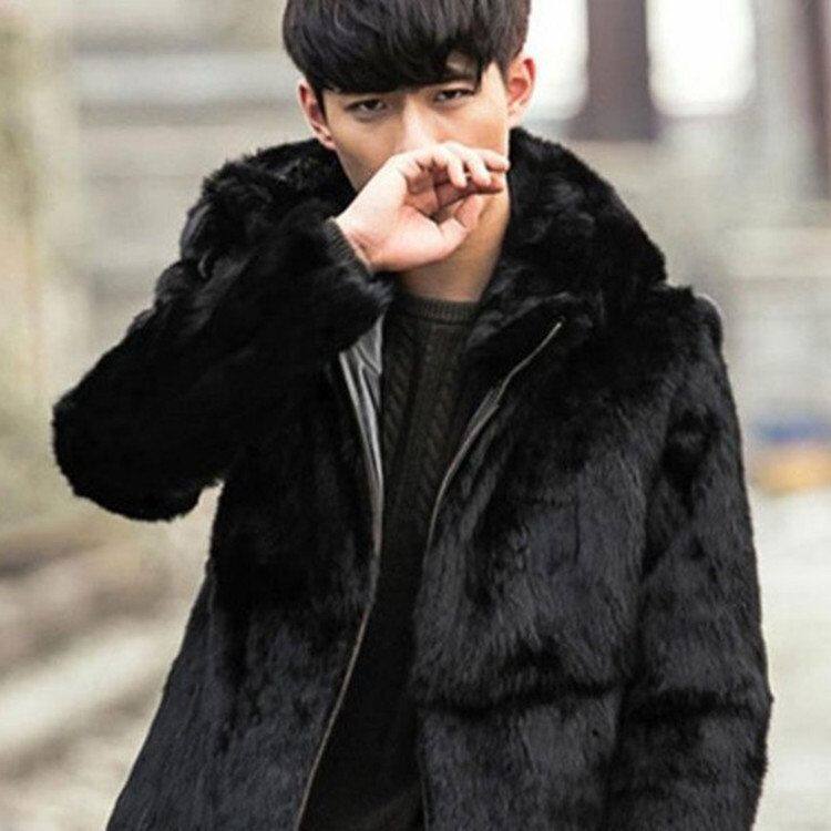 冬季暖男人造兔毛皮大衣黑色皮革连帽皮夹克休闲仿皮草毛毛外套