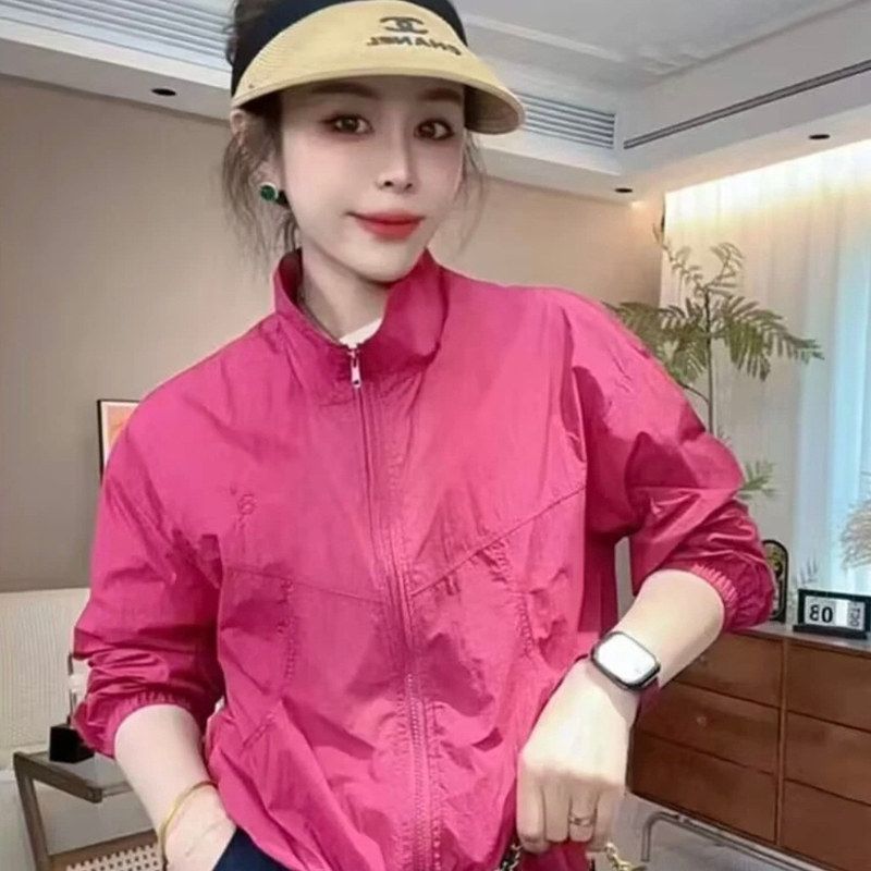 夏季新款2026轻薄时尚短款立领百搭上衣外套女纯色长袖带帽