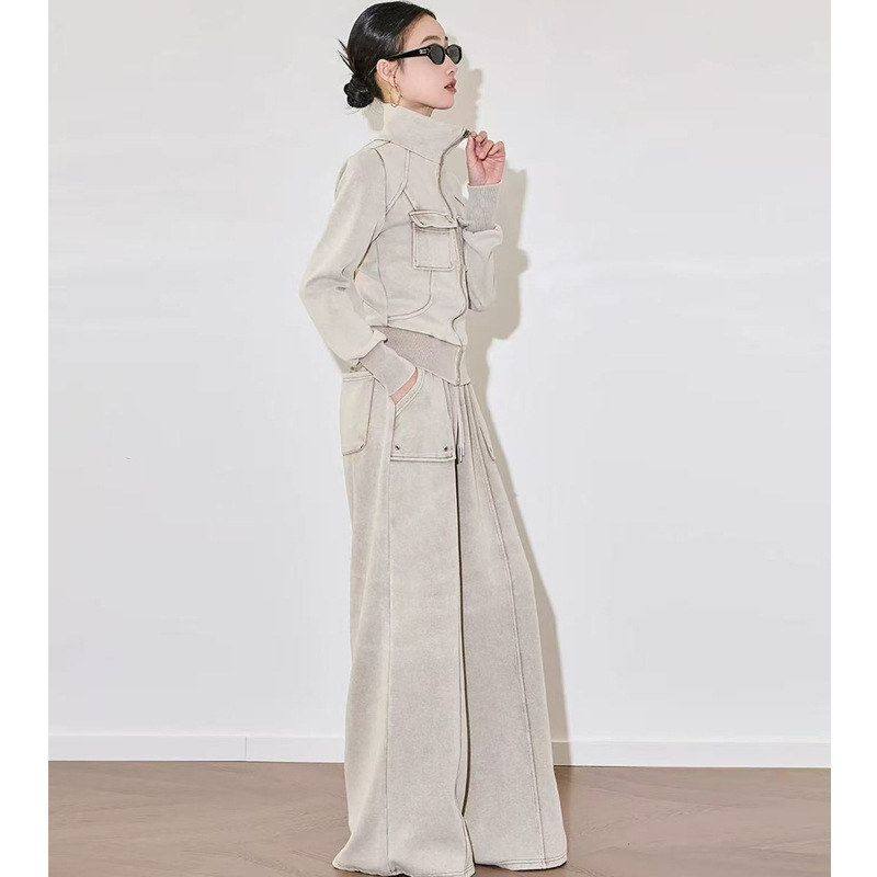 不羊羔绒直播换新款复古机车酷感高领卫衣外套立体口袋长裤两件套,女装/女士精品,短外套,淘宝优惠券,粉丝福利购,淘宝优惠卷