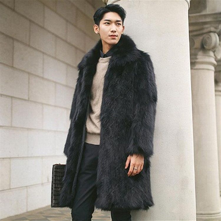 秋冬优质上班新款仿皮草男装人造长款风衣外套毛毛绒仿狐狸毛大衣