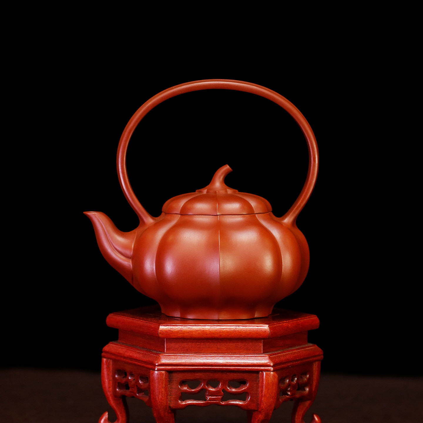 宜兴紫砂壶高工王玉芳原矿朱泥大红袍纯手工家用泡茶壶南瓜提梁壶