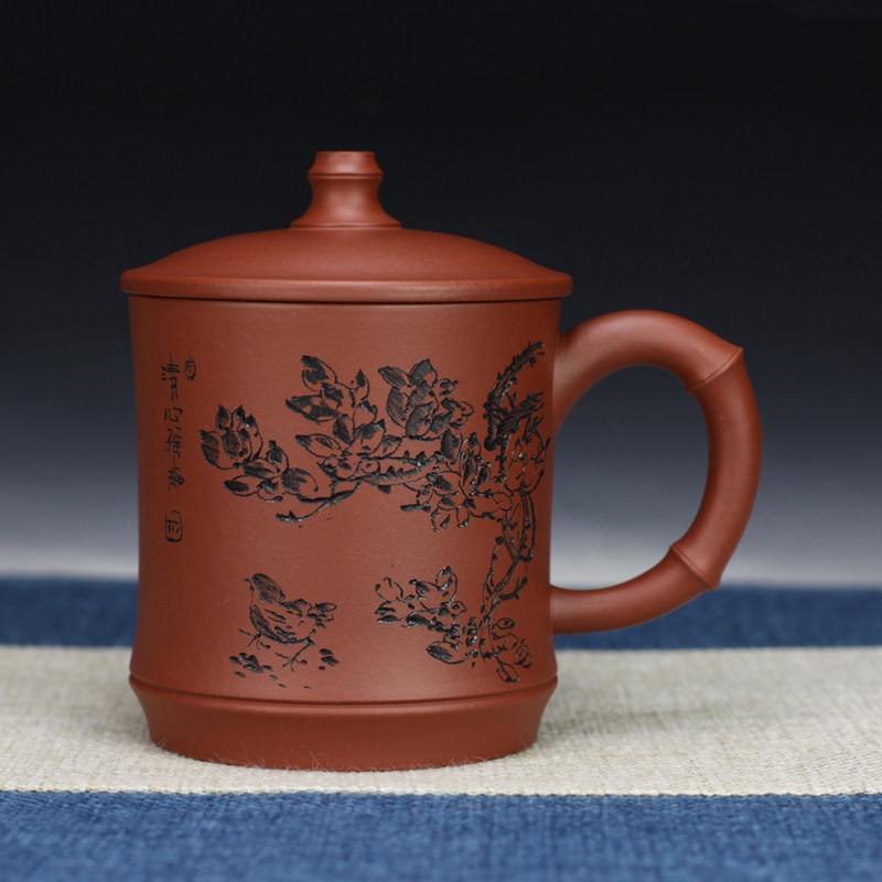 花鸟竹节杯原矿清水泥民间艺人顾建宏手制送礼自用350cc430cc包邮