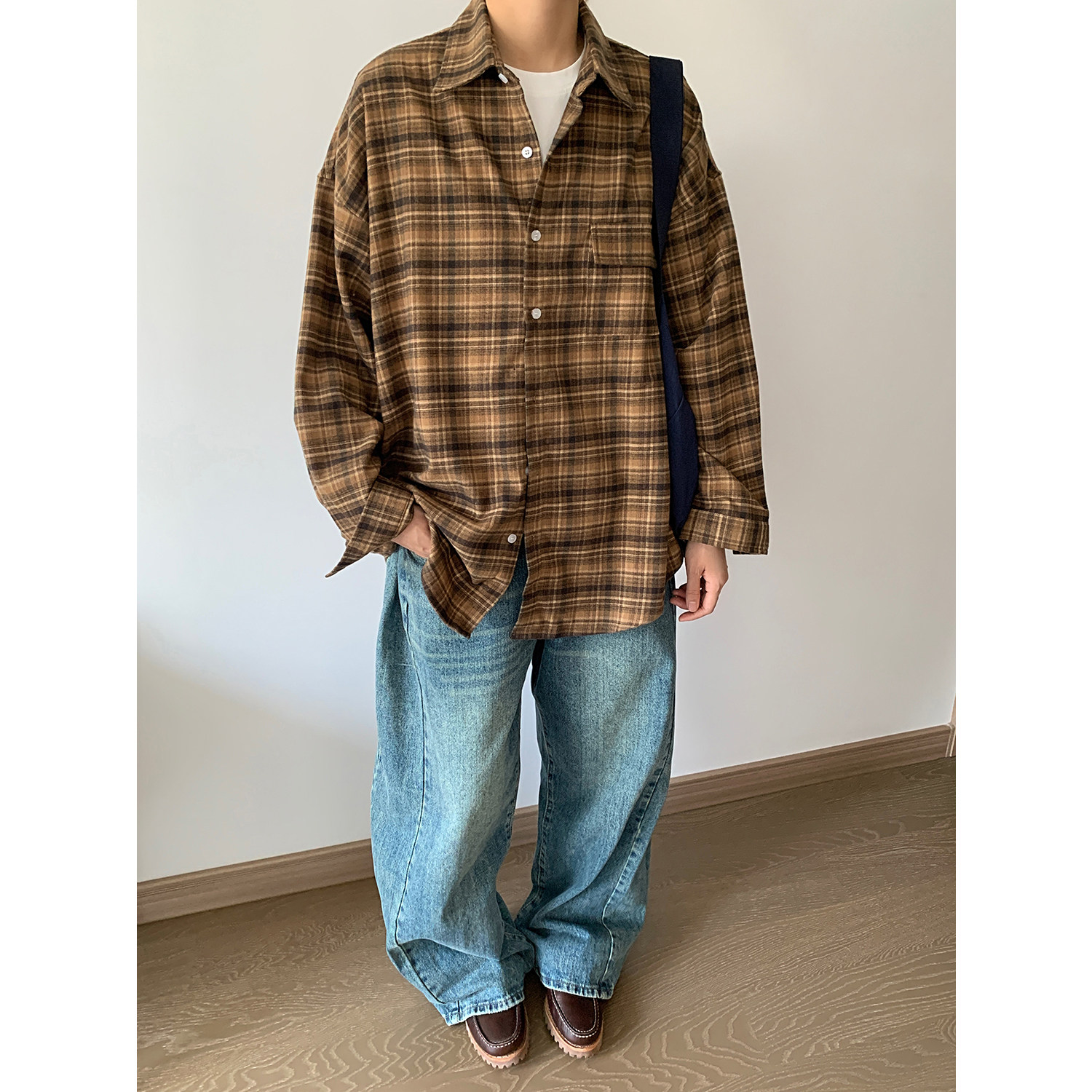 复古磨毛格子宽松休闲百搭翻领长袖衬衫外套A228/C584/P68,男装衬衫,电商A228