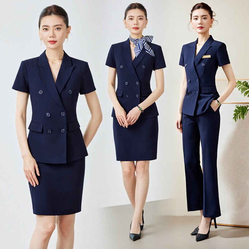 蓝色短袖双排扣西装套装女修身职业装通勤OL风西服销售经理工作服