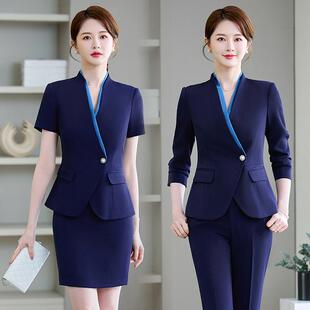 一粒扣酒店前台工作服接待工装 夏气质修身 女裙套装 撞色职业西装