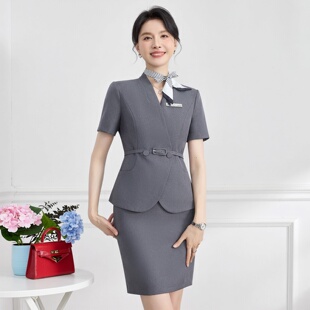 灰色职业短袖西装套装女V领商务职业装西服服务员前台夏季工作服