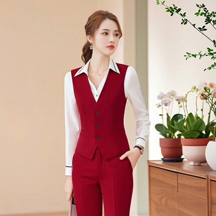 女士西装马甲套装职业装工作服酒红色马夹背心坎肩外套正装工装