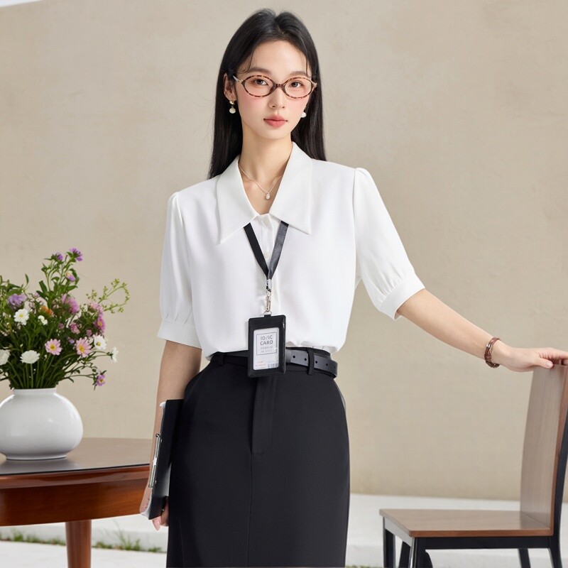 白色雪纺衬衫女高端职业套装上衣2026新款短袖气质白衬衣工作服夏