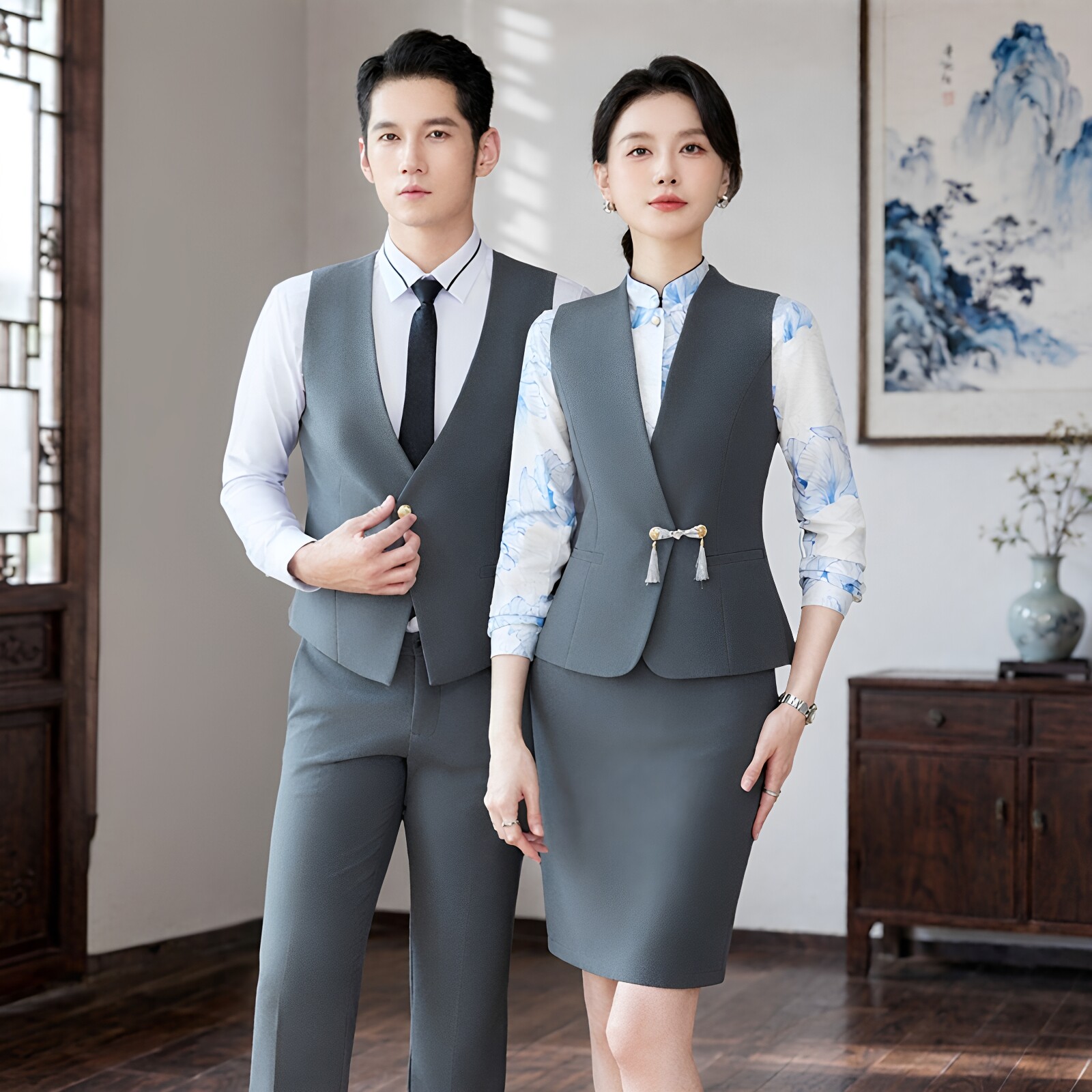 中式风马甲套装女修身酒店前台工作服职业制服美容院工装短款马夹
