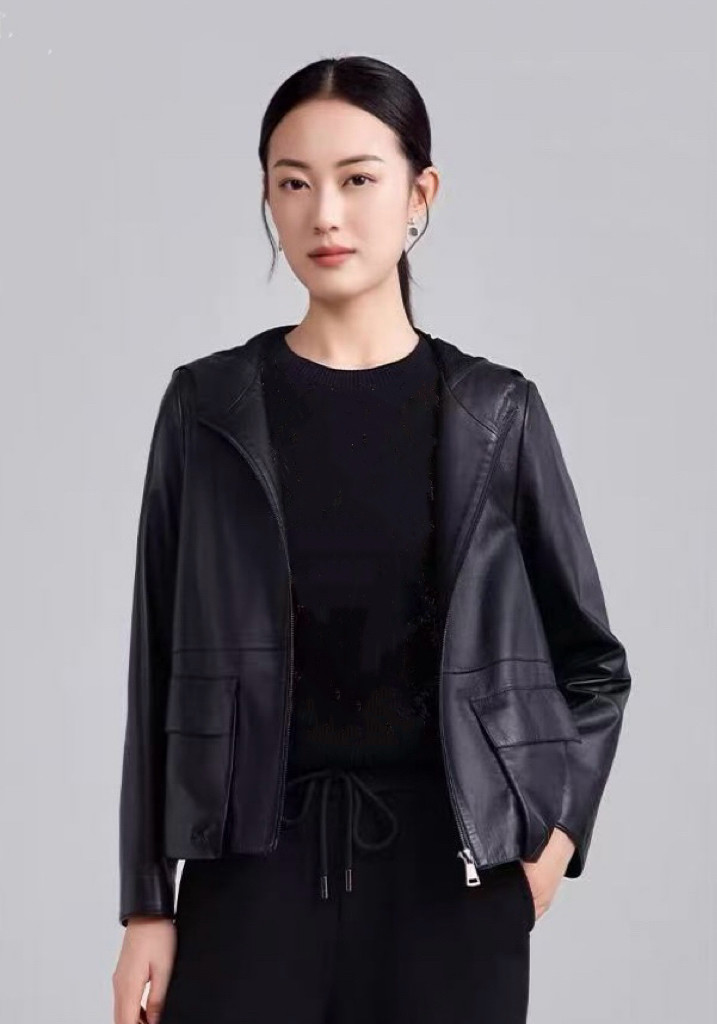 绵羊皮连帽大口袋黑色皮衣2025春秋宽松休闲皮夹克外套女短款潮