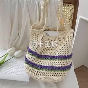 全球森系i空n钩袋s手工棉线针编织包包女慵懒风镂海边度假手提单