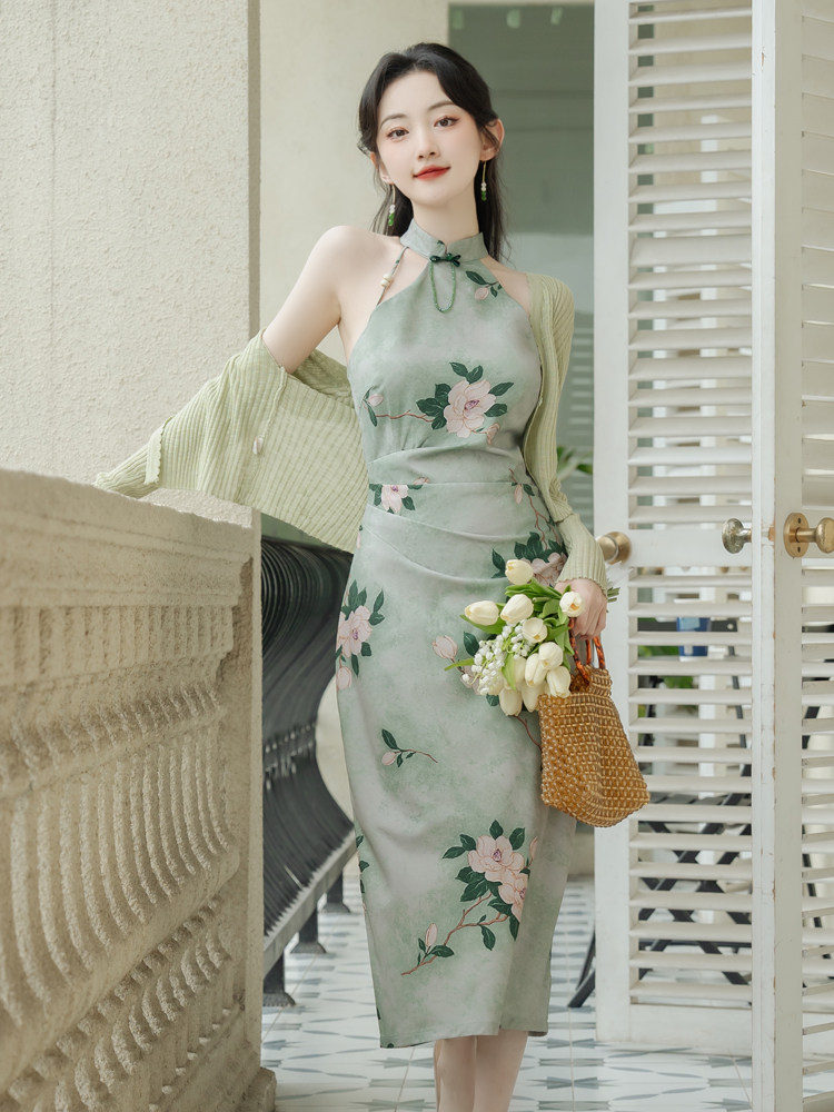 夏女装新中式国风日常改良挂脖旗袍绿色印花修身晚宴礼服S连衣裙_虎窝淘