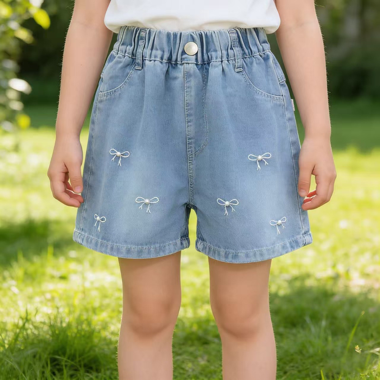 女童牛仔短裤夏季2026新款宽松中大童刺绣花朵裤子中大童儿童休闲