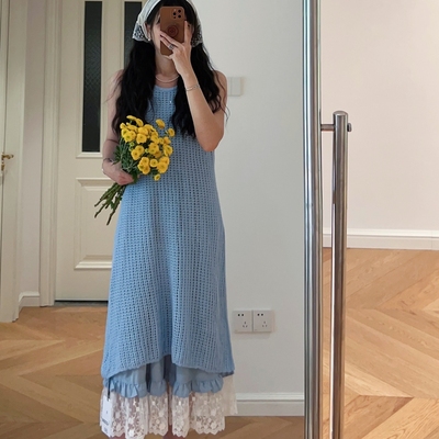 针织无袖长裙搭配吊带裙两件套女休闲度假风宽松设计感套装0.43KG