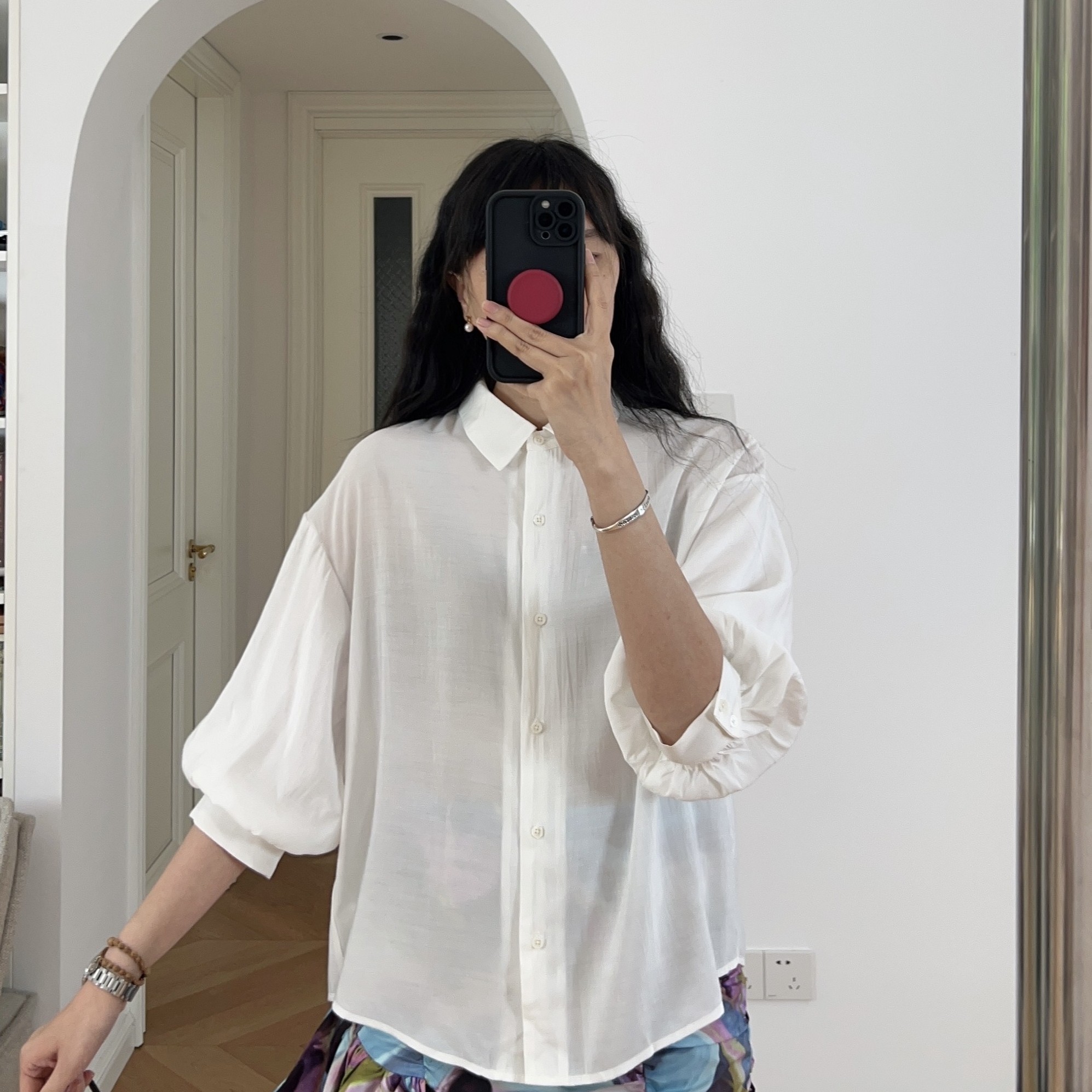 包邮 春夏新款 法式宫廷复古风翻领纯色白色灯笼袖衬衫衬衣 女