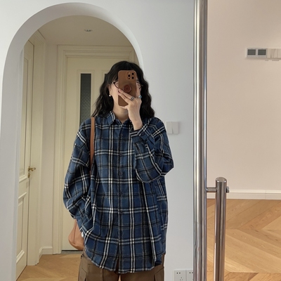 秋冬新款 日韩风厚款格子翻领中长款长袖衬衫宽松衬衣 0.52KG