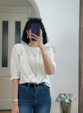 夏装新款 法式荷叶边白色五分袖衬衫衬衣