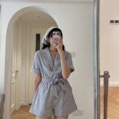 包邮 连体裤 夏装 复古时髦小清新格子短袖 阔腿裤 新款 短裤 0.33KG