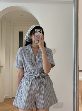 包邮 夏装新款 复古时髦小清新格子短袖短裤阔腿裤连体裤 0.33KG