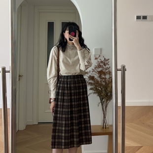 0.3KG 日系格子褶皱半身裙中长裙 春装 新款